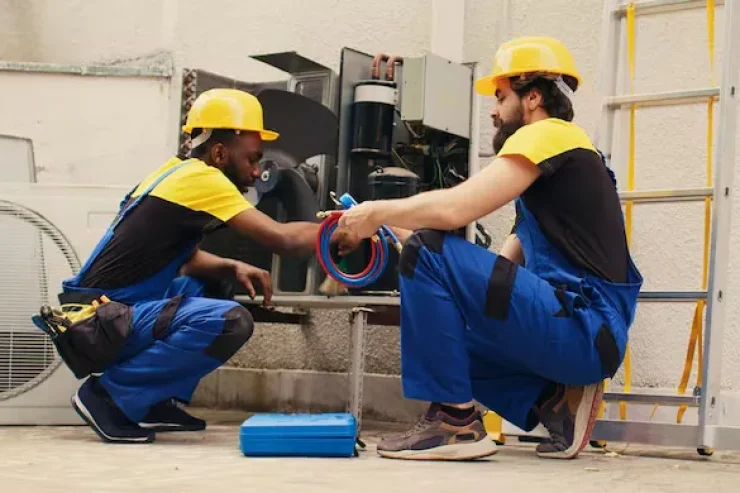 Operario instalando sistema de ventilación en cocina